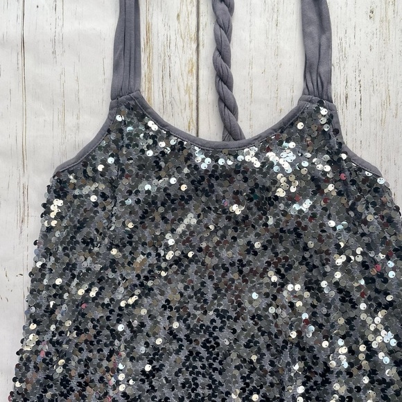 Express Women’s Gray Sequin Braided Back Elastic Waist Halter Tank Top Size XS - Picture 5 of 6
